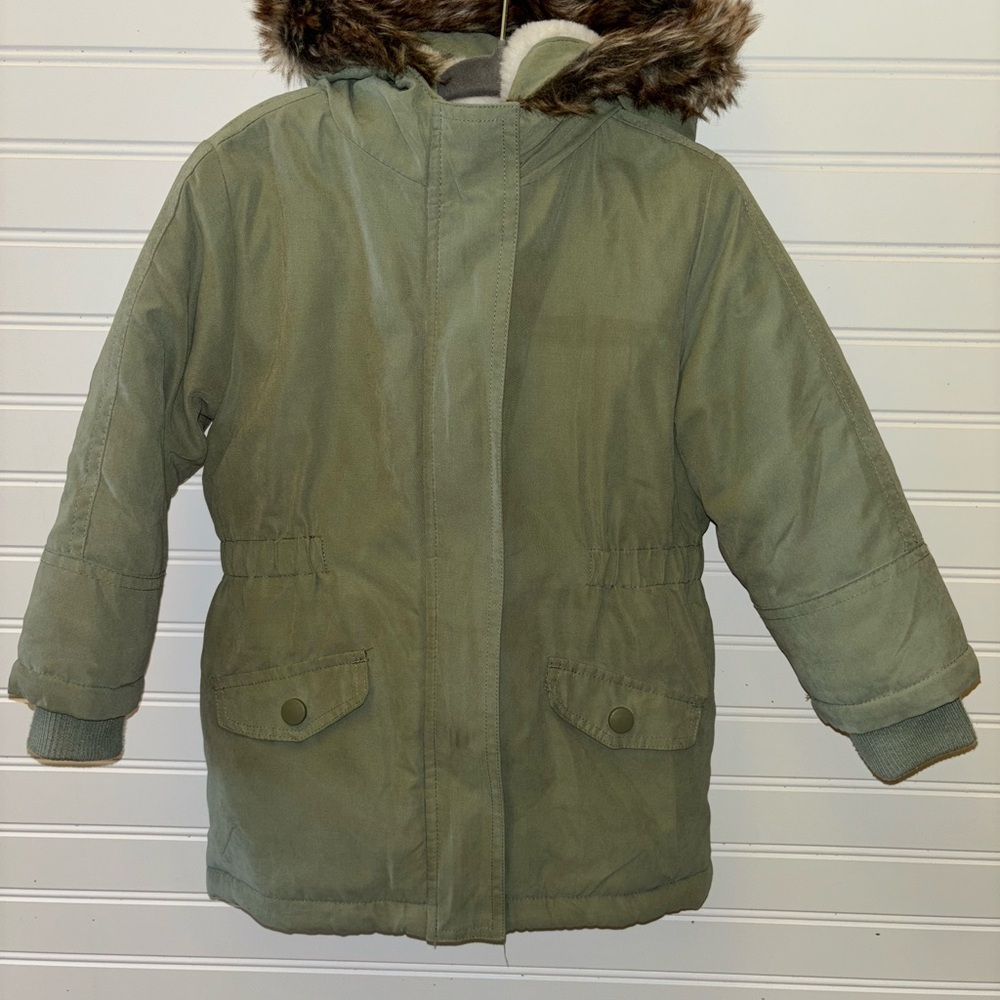 Olive Green Coat with Faux Fur Hood